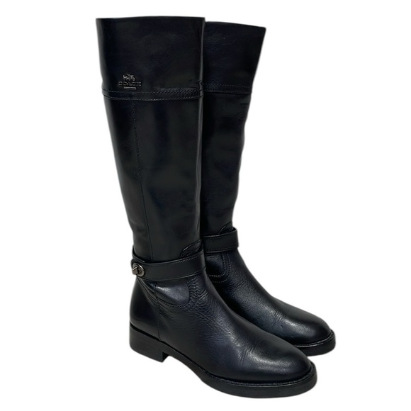 COACH Boots Eva Tall Black Leather Knee High Turn Lock Riding Size 6 - Picture 1 of 16